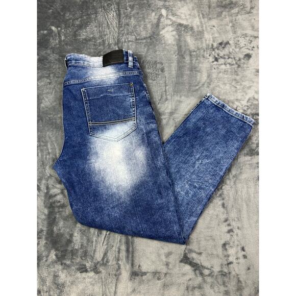Southpole Men's Skinny Fit Moto Jeans 36x29 Blue Acid Wash‎ Distressed Biker Y2K - Picture 1 of 16